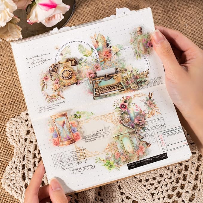 MiyouLuna 240Pcs PET Scrapbook Stickers Vintage Floral Designs for Scrapbooking DIY Crafts Waterproof Journaling Supplies Junk Journal Ephemera with Storage Organizer