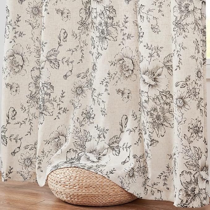 jinchan Linen Floral Curtains 100 Inch Extra Wide for Patio Sliding Glass Door Room Divider Curtain for Living Room 84 Inch Length Farmhouse Peony Black Printed Curtain Set 1 Panel