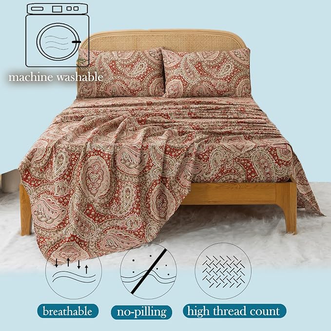 Zusbest King Size Sheets 100% Cotton Burgundy Red Paisley Patterned Bed Sheet Set Luxury Soft Breathable Crispy Cooling Percale Printed Deep Pocket Boho Bed Set 17.5 Inches, 4 Pieces