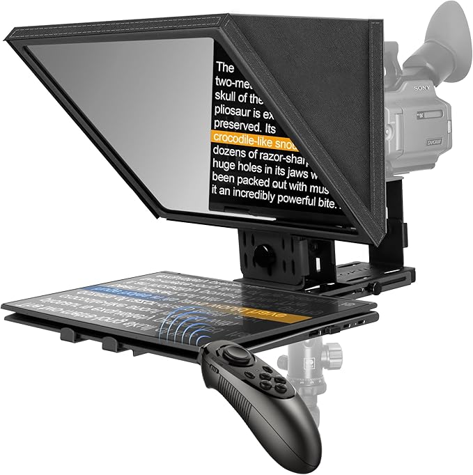 16-Inch Professional Teleprompter with Tempered Optical Glass, All-Metal Design, Remote Control & App Support, Works with Phones, Tablets, and Cameras