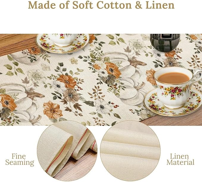 Fall Pumpkin Table Runner Rustic Floral Watercolor Plants White Vegetables Flowers Pastoral Theme Home Decor for Farmhouse Indoor Outdoor Party Holiday Dining Kitchen Restaurant Cafe W13xL60in