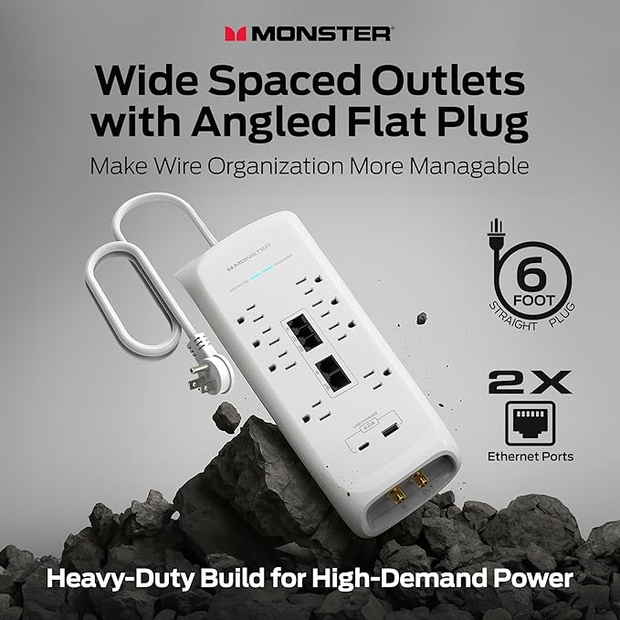 Monster Power Surge Protector w/ 4,050 Jules Rating — Heavy Duty Power Strips with Surge Protection, 8 Outlets, USB-A & USB-C, 2 Coax, 5 Ethernet Ports, Fireproof MOV, Dual Mode (6FT Cord, White)