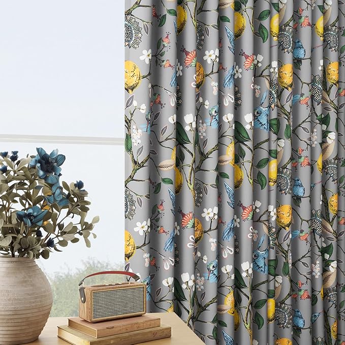 Floral Grey Pinch Pleated Blackout Curtains,Mid Century Botanical Printed Curtains 96 Inches Long for Living Room Bedroom,Vintage Floral Lemon Hummingbird Colorful Drapes, 2 Panels
