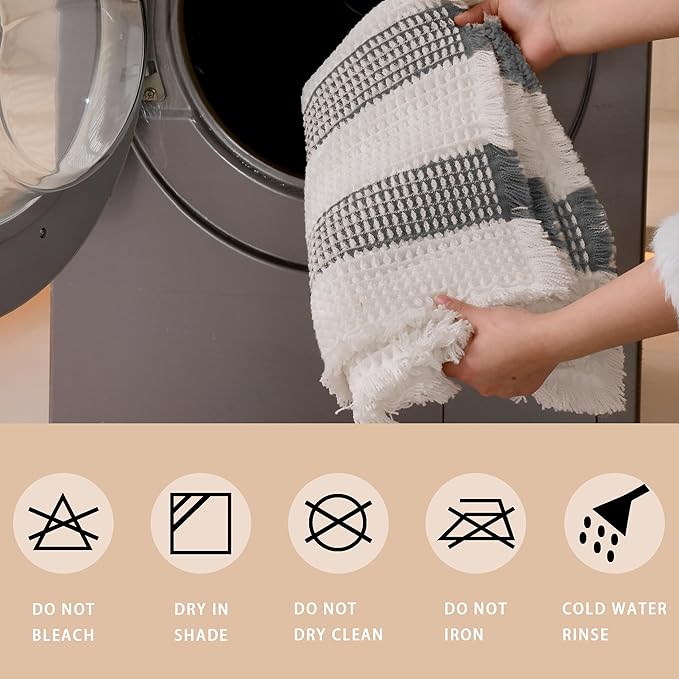 Waffle Bath Mat Non Slip, Boho Bathroom Rug, Super Absorbent Quick Dry Bathroom Mat, Soft Farmhouse Bath Rug with Tassels, Small Washable Shower Mats for Floor 20"x32", White and Grey