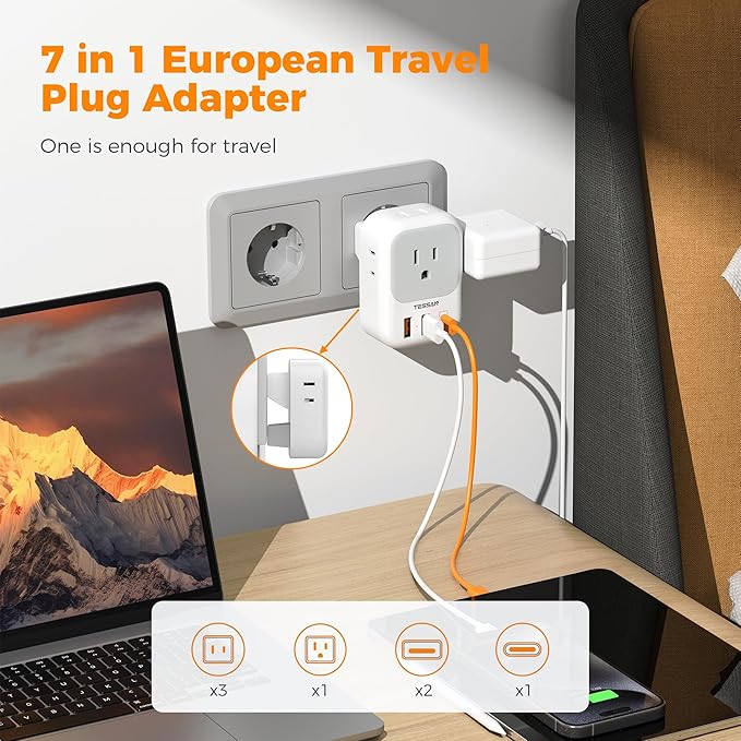 TESSAN European Travel Plug Adapter 2 Packs, Type C Europe Adaptor Foldable Plug 4 Outlets 3 USB(1 USB C PD 20W), US to Spain France Italy Germany Denmark Iceland European Travel Must Haves