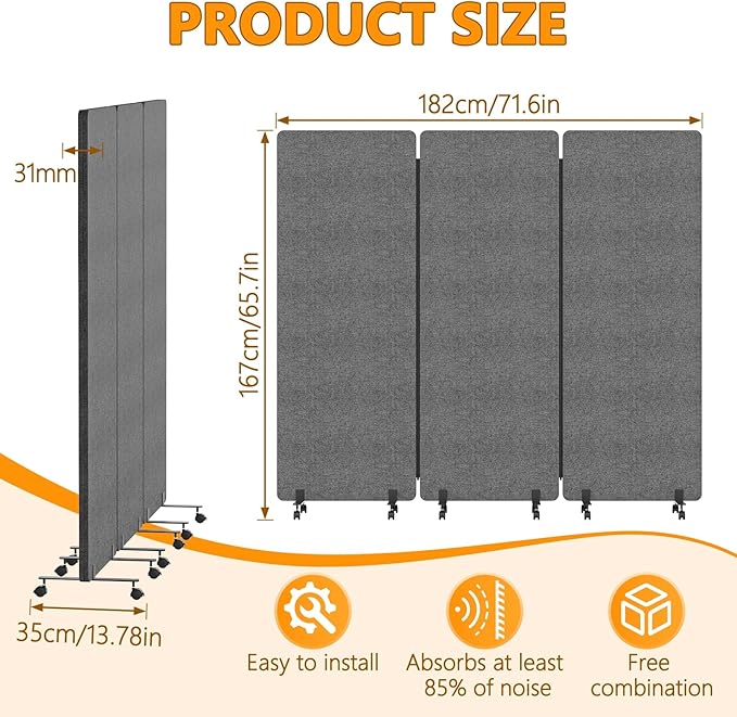 Soundproof Room Divider Panel with Wheels, 66in Portable Office Partition Screen, 3 Panel Temporary Wall Divider for Sound Proof Separation, Cubicle Privacy Panels for Desk (Dark Gray)