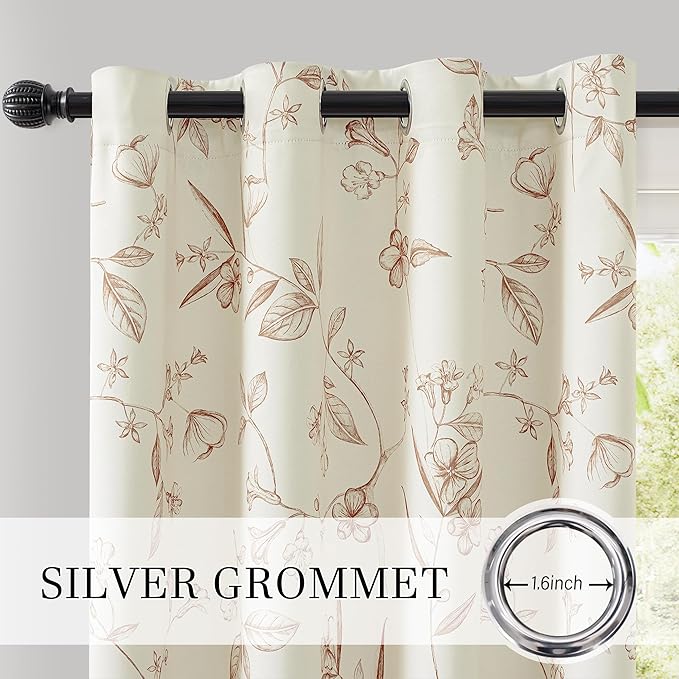 ChrisDowa Beige 100% Blackout Curtains 108 Inches Long 2 Panels for Bedroom Living Room Brown Flower Patterned Room Darkening Thermal Insulated Soundproof Grommet Window Treatments Drapes,52X108