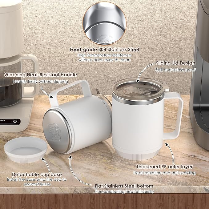 Felibeaco 16oz Heated Coffee Mug with Flat Bottom for Rapid Heating, Stainless Steel Heated Coffee Cup Suitable for Different Coffee Mug Warmer/Heaters, Heated Mug/Cup for Home and Office Desk,White