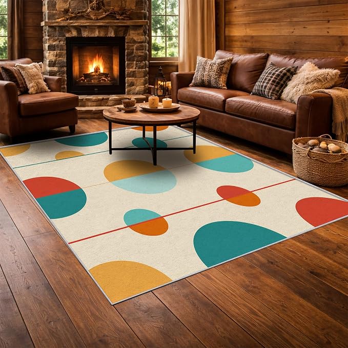 Mid Century Modern Area Rug 6x6, Washable Non Slip Low Pile Abstract Geometric Carpet for Living Room Bedroom Dining Room, Minimalist Retro Circle Accent Rug, Ivory Teal Mustard Orange