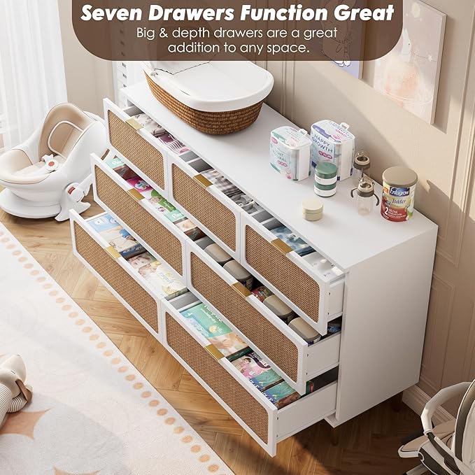 Garvee Rattan Dresser with 7 Drawers, Tall Modern Closet with Deep Storage, Large Chest of Drawers with Wide Top, Long Wooden Dresser for Bedroom, Living Room, Hallway, Kids Room, White