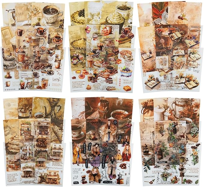 MiyouLuna 6Pcs Coffee Sticker Books, PET&Washi Stickers for Scrapbooking, DIY Crafts, Journaling Supplies & Junk Journal Ephemera