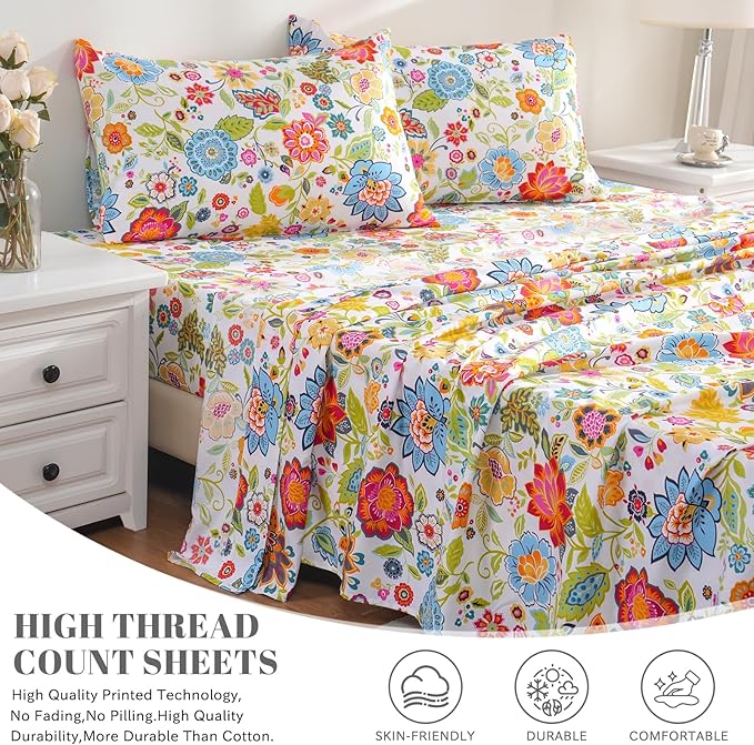 Bedlifes Twin Sheet Set Ultra Soft, Breathable, Silky Flower Deep Pocket 100% Microfiber Bedding, 3 Piece Twin Size with Floral Spring Design