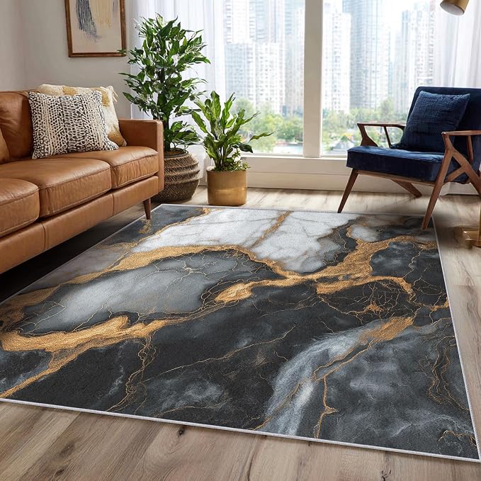 Black White Gold Marble Area Rug, Modern Abstract Pattern Carpet, Washable Non Slip Low Pile Soft Thin, Living Room Bedroom Home Decor Mat 4x6ft