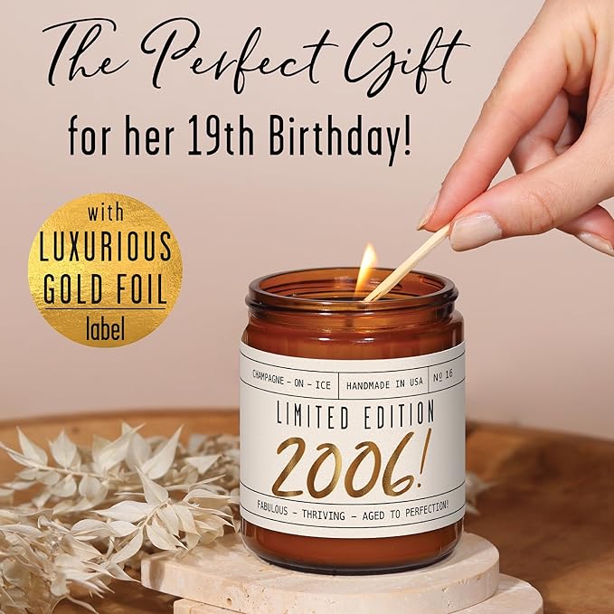 19th Birthday Gifts for Girls - 'Limited Edition 2006' Soy Candle, w/Champagne on Ice I 19 Birthday Gifts for Women I 19th Gift for Her Ideas I 9oz Reusable Jar, 50Hr Burn, Made in USA