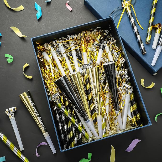Lenwen 200 Pcs New Years Eve Noisemakers Party Favor 2026 Happy New Year Gold Silver Blower Horns Whistles Party Supplies for Birthday Celebration Sporting Events(Metallic Colors)