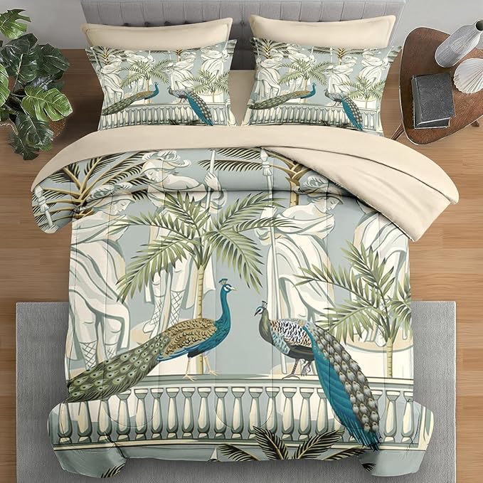 Comforter Set King Size, Peacock Bird Animal 7 Pcs Bedding for Kids and Adults, Floral Botanical Grey Green Bed Sheet Sets with Fitted Sheet 2 Pillowcase & 2 Sham for Bedroom Bed Decor