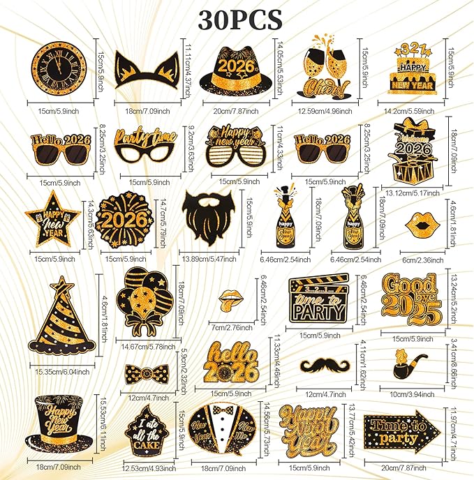 31 Pcs New Year Eve Photo Booth Props, Happy New Year 2026 New Years Decorations 2026, Black Gold Photo Booth Props Kit for New Years Eve Party Supplies 2026 Photo Props with Photo Frame Hats Glasses
