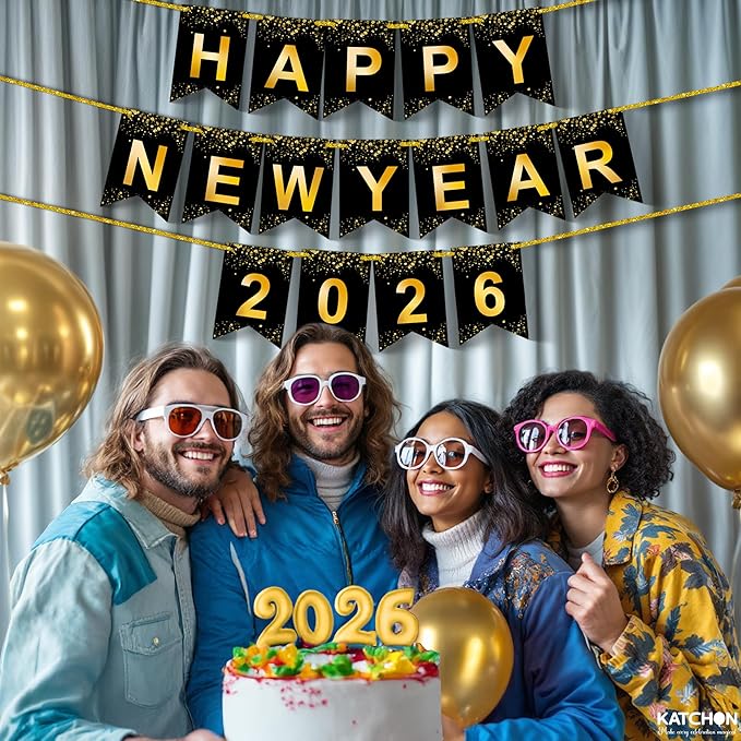 KatchOn, Happy New Year Banner - Large 10 Feet | New Year Sign for New Years Decorations 2026 | New Year's Garland for New Years Eve Party Supplies 2026 | NYE Decorations 2026