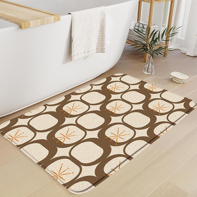 Mid Century Modern Bath Mat Abstract Atomic Geometric Retro 1950s Brown Bathroom Kitchen Toilet Rugs,16x24 Inch