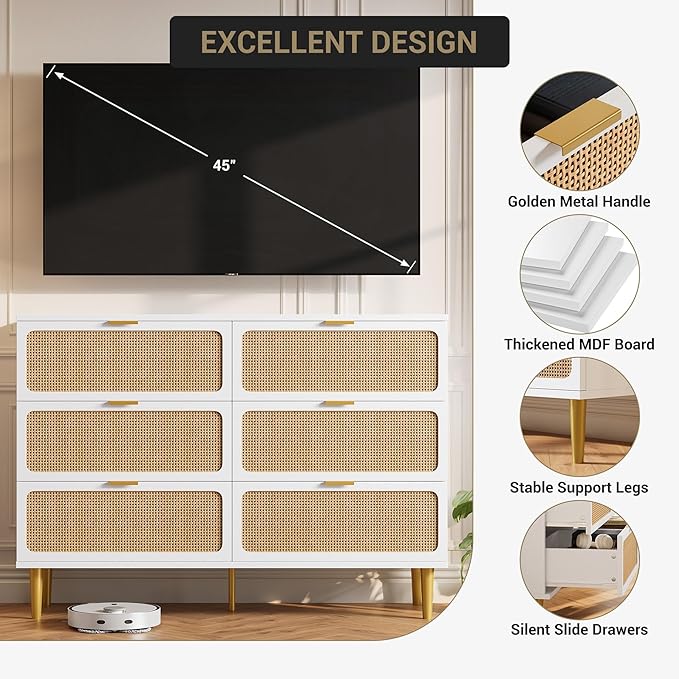 Garvee Rattan Dresser with 6 Drawers, Tall Modern Closet with Deep Storage, Large Chest of Drawers with Wide Top, Long Wooden Dresser for Bedroom, Living Room, Hallway, Kids Room, White