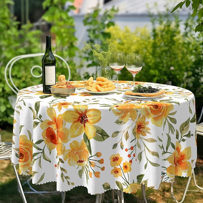 Eikione Round Tablecloth 60inch,Tablecloth Waterproof and Wrinkle-Free, Red Flower Rustic Table Covers, Summer Decorations for Home