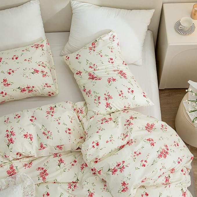 Boho Floral Duvet Cover Queen Soft Cotton Pink Floral Bedding Set Chic Garden Style Cute Flower Pattern Duvet Cover Vintage Floral Botanical Comforter Cover 1 Queen Duvet Cover with 2 Pillowcases