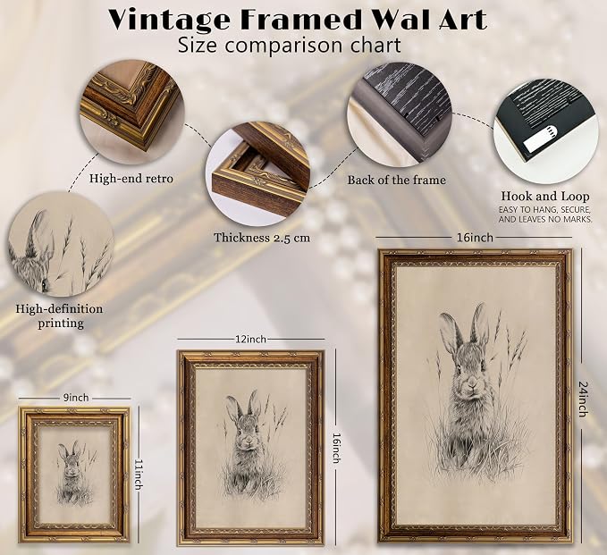 Vintage Gold Framed Easter Bunny Canvas Wall Art Vintage Rabbit Wall Decor Spring Farmhouse Animal Sketch Print Artwork Sketch Rabbit painting Picture for Farmhouse Bedroom Living Room 9X11in