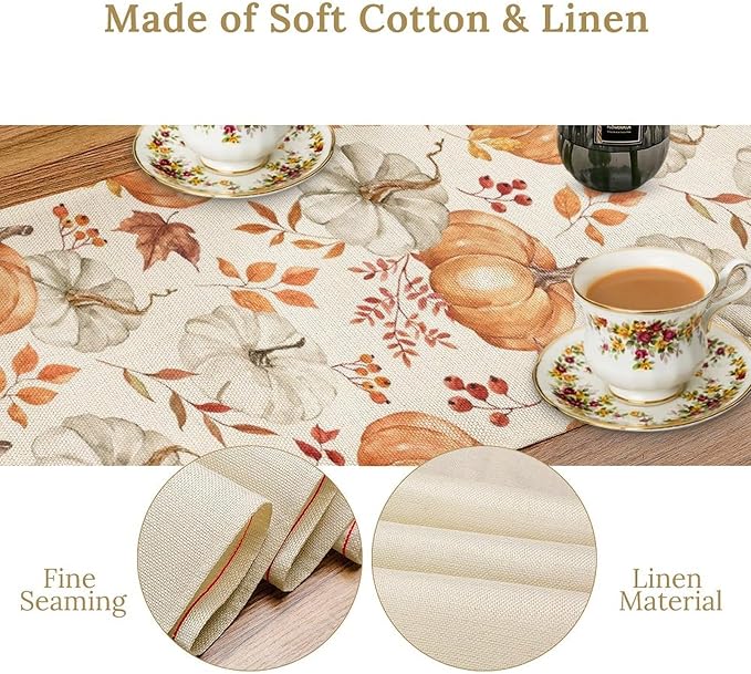Pumpkin Table Runner Fall Orange White Colorful Leaves Berries Thanksgiving Watercolor Illustration Rustic Decor for Farmhouse Indoor Outdoor Party Holiday Dining Kitchen Restaurant Cafe W13xL90in