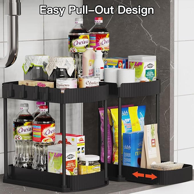 2 Pack Multi-Purpose Pull-Out Storage Organizers, Under Sink Organizers and Storage for Bathroom & Kitchen, Under Cabinet Organizers and storage, 14.8 Inch, Black