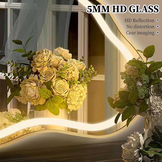 Irregular LED Bathroom Mirror with Lights, Cloud Smart Backlit Mirror, Dimmable Lighted Bathroom Gold Mirror with Anti-Fog, Asymmetrical Vanity Mirror Hangable 2 Ways (Gold, 24 x 36, 2 Pack)