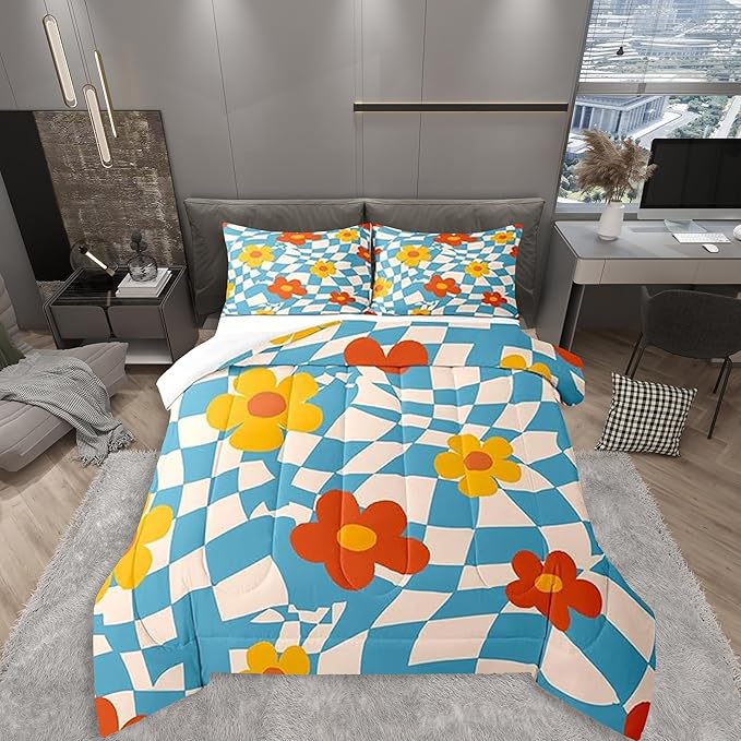 Castle Fairy Kids Vintage Groovy Daisy Flowers Bedding Comforters King Size,Abstract Blue Plaid Boys Girls Comforter Set Room Decor,70s Hippie Floral Modern 3pcs Bedding Set Chic Xmas Present