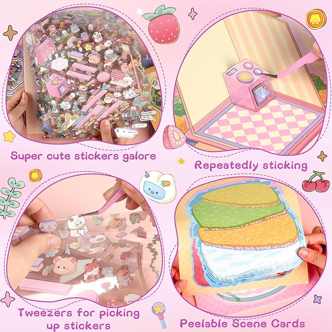 ASTARON 6 Sets DIY 3D Sticker Scene Book Sticker Therapy for Adults, Make Your Own Mini Cozy Shop House Room Stickers Cute Cartoon Miniature Stickers, Relief Stress Pass The Time