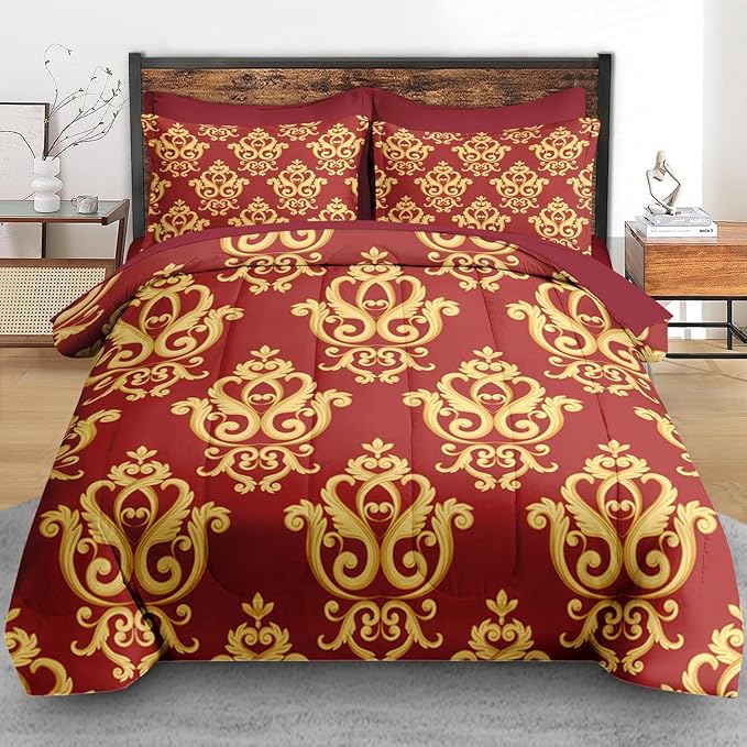Comforter Set Queen Size, Vintage Floral Gold 7 Pcs Bedding for Kids and Adults, Medieval Burgundy Red Bed Sheet Sets with Fitted Sheet 2 Pillowcase & 2 Sham for Bedroom Bed Decor
