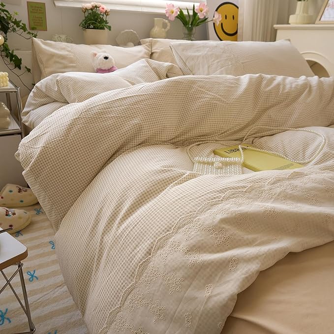 LifeTB Tan Gingham Duvet Cover Twin 3 Pieces Romantic Lace Duvet Cover Vintage Plaid Checkered Comforter Cover with 2 Pillowcases Soft Microfiber Beige Tan Grid Farmhouse Plaid Bedding Set