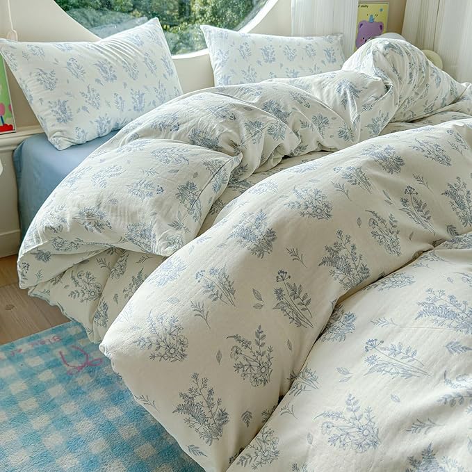 LifeTB Muslin Duvet Cover Set Full Vintage Botanical Floral Duvet Cover 100% Cotton Linen Feel Flower Bedding Set Super Soft Gauze Comforter Cover Breathable Lightweight Cottagecore Bedding Set