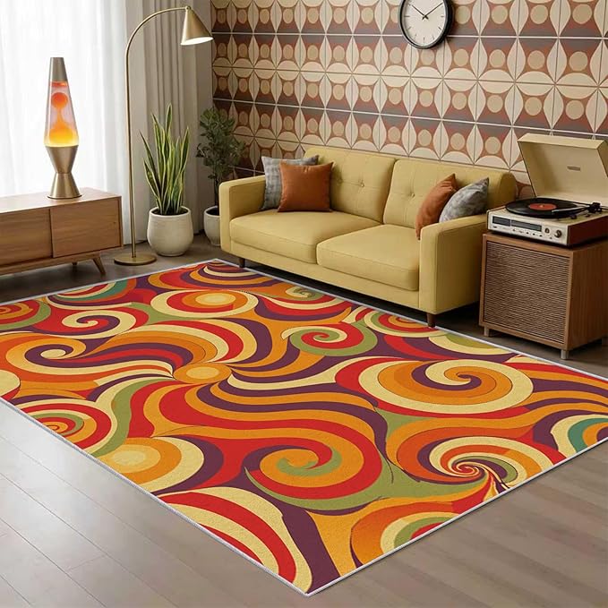 70s Retro Rug 6x9 Swirl Psychedelic Groovy Hippie Pop Pattern Area Rugs for Living Room, Bedroom, 70s Retro Home Decor Accessories Indoor Carpet, Non Slip & Machine Washable, GD0319