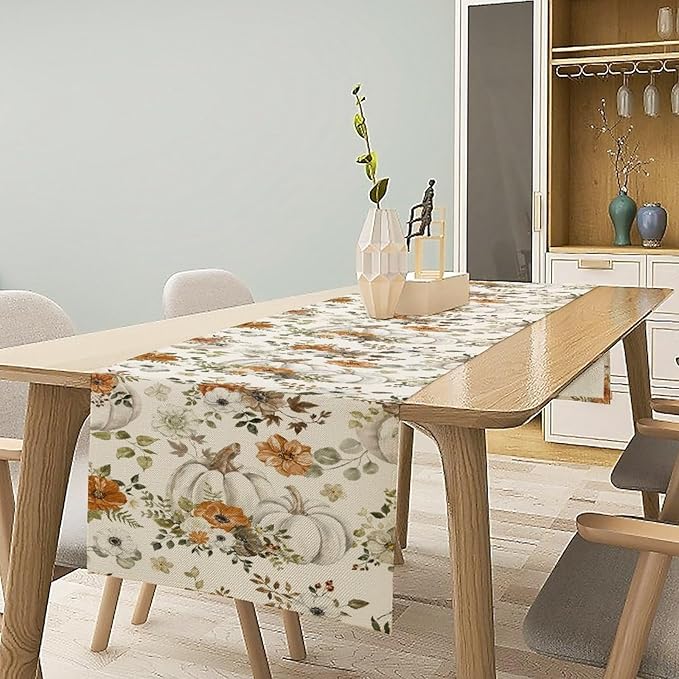 Fall Pumpkin Table Runner Rustic Floral Watercolor Plants White Vegetables Flowers Pastoral Theme Home Decor for Farmhouse Indoor Outdoor Party Holiday Dining Kitchen Restaurant Cafe W13xL60in