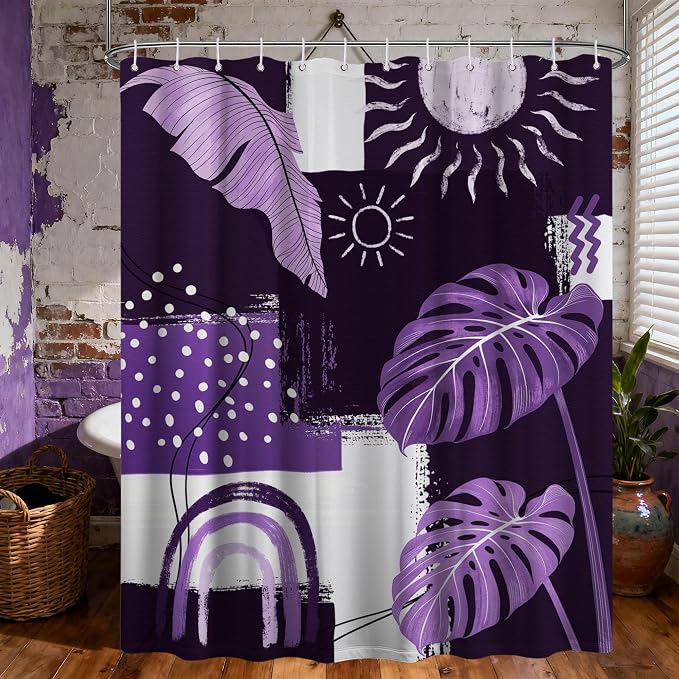 Extra Long Shower Curtain 96 Inchs Extra Tall Purple Mid Century Modern XL Abstract Lavender Shower Curtains for Large Bathroom Decor Sets, Waterproof Cloth Fabric with Hooks, 70 x 96 Inch