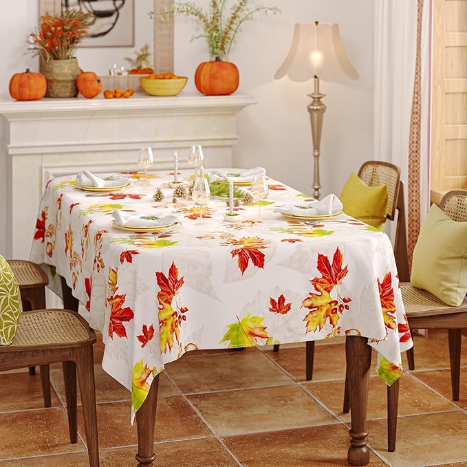 Fall Rectangle Tablecloth 60 x 84 Inch, Thanksgiving Autumn Harvest Maple Leaves Table Cloth, Spill Proof Wipeable Washable Rectangular Table Covers for Party Picnic Dinner Decor