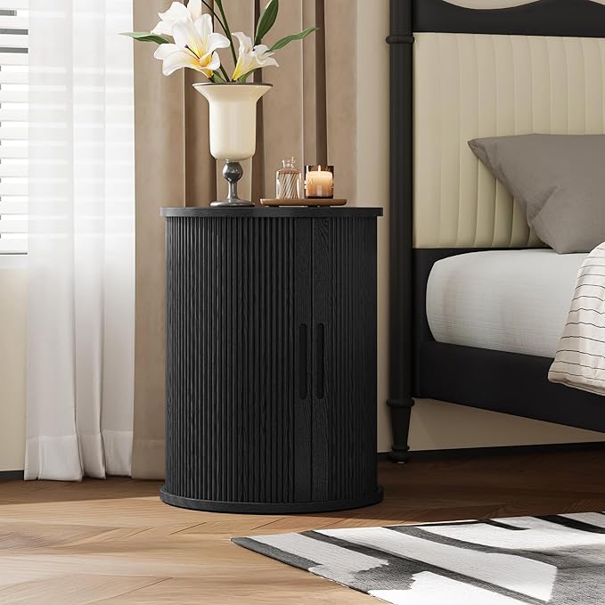 LINSY HOME Round Fluted End Table, Tall Side Table with Sliding Tambour Door and Storage Shelf, Mid Century Modern Nightstand for Living Room, Bedroom, Black