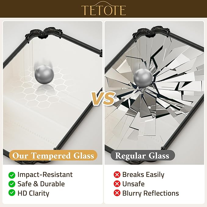 TETOTE Vintage Baroque Black Rectangle Mirror for Wall 22 x 30 Antique Scroll Frame French Mantle Mirror for Fireplace Bathroom Living Room Bedroom Decor, Horizontal/Vertical