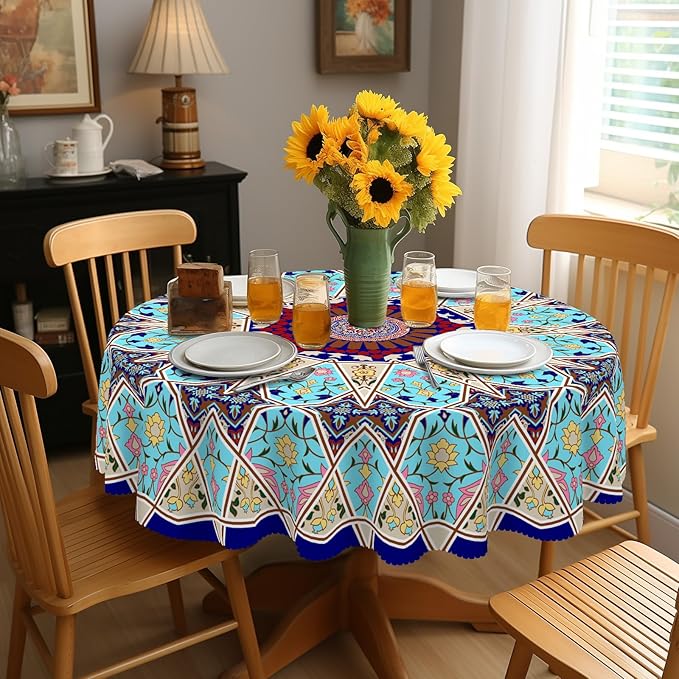 Eikione Boho Round Tablecloth 70inch, Tablecloth Waterproof and Wrinkle-Free, Boho Table Covers, Summer Decorations for Home