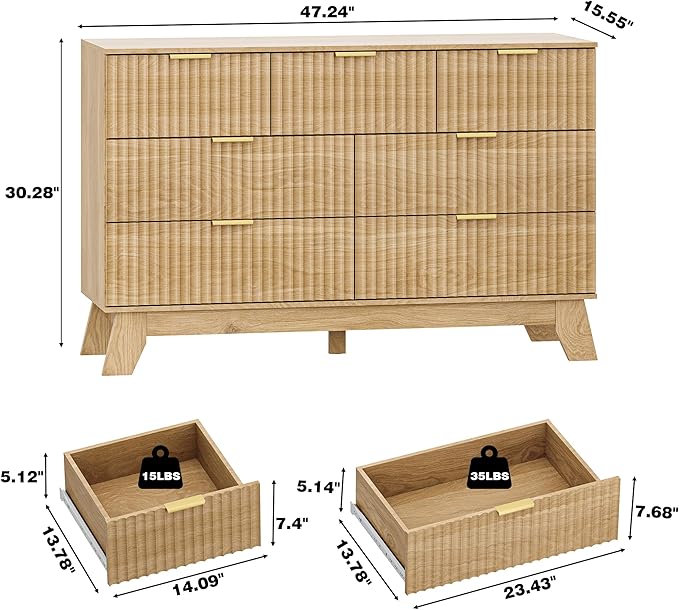 HUANLEGO Fluted Dresser for Bedroom with 7 Drawer, Mid Century Modern Chest of Drawers, 48" Wide Natural Wood Dresser for Closet, Wooden Boho Chest Closet Storage TV Stand for Bedroom, Nature