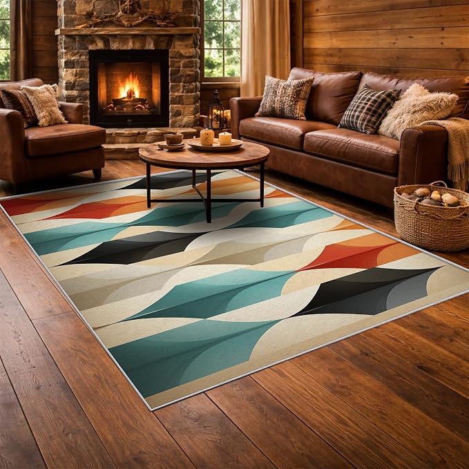 Mid Century Modern Area Rug 4x4, Washable Non Slip Low Pile Abstract Geometric Carpet for Living Room Bedroom Dining Room, Contemporary Retro Accent Rug, Ivory Teal Orange Black