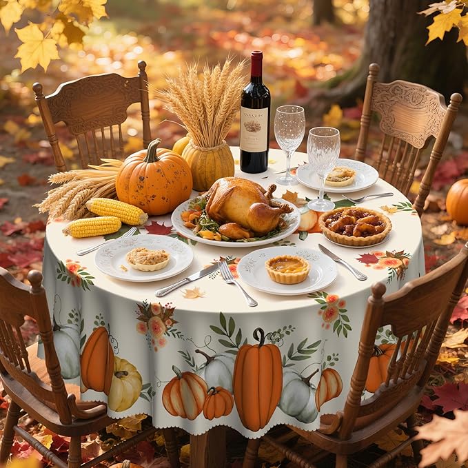 Eikione Fall Tablecloth 70Inch, Round Pumpkin Tablecloth, Thanksgiving Table Cover for Party Dining Picnic Table Decorations