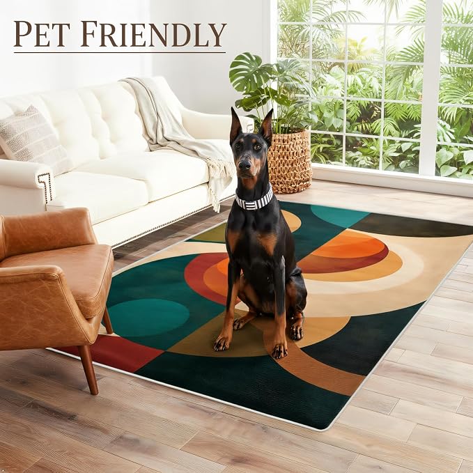 Mid Century Geometric Area Rug 5x8 – Retro Abstract Circle Pattern Rug for Living Room & Bedroom, Low Pile Washable Indoor Rug with Non-Slip Backing