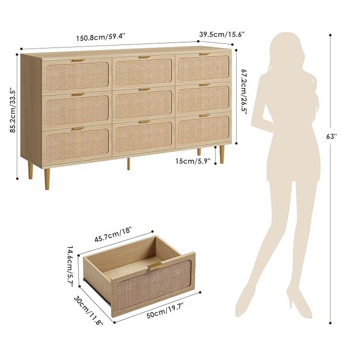 Garvee Rattan Dresser with 9 Drawers, Tall Modern Closet with Deep Storage, Large Chest of Drawers with Wide Top, Long Wooden Dresser for Bedroom, Living Room, Hallway, Kids Room, Natural