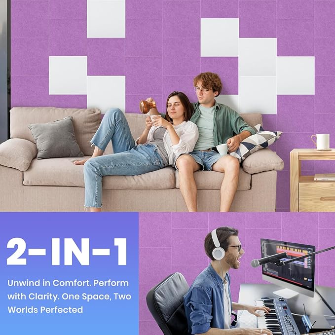 Focusound 18 Pack Sound Proof Panels for Walls, Self-Adhesive Acoustic Panels Sound Absorbing, 12" X 12" X 0.4" High Density Square Soundproof Wall Panels
