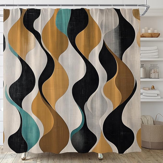 Mid Century Shower Curtain Boho Minimalist Modern Abstract Aesthetic Geometric Striped Atomic Retro Earthy Fabric Bathroom Decor Set with Hooks(180" Wx70 H)