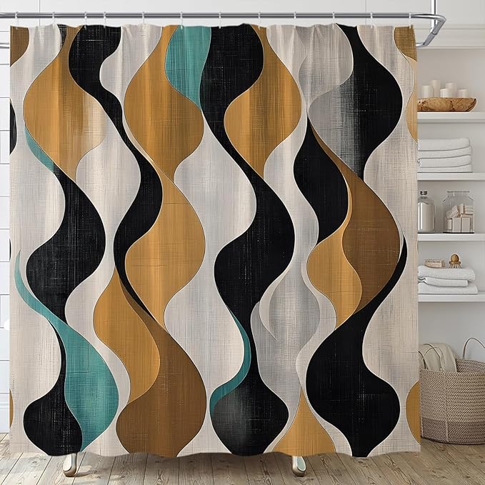Mid Century Shower Curtain Boho Minimalist Modern Abstract Aesthetic Geometric Striped Atomic Retro Earthy Fabric Bathroom Decor Set with Hooks(70" Wx84 H)